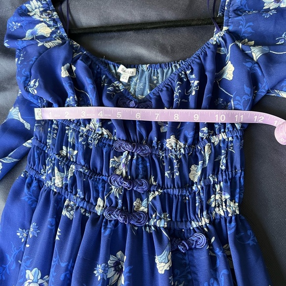 Sau Lee Gianna Dress Blue White Floral Sheer Ruched Waist Maxi Midi Size 6 - Picture 8 of 10